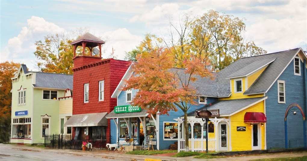 A street of colorful small town shops and buildings