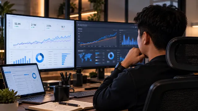 Analyst reviewing SEO analytics dashboards on two monitors and a laptop